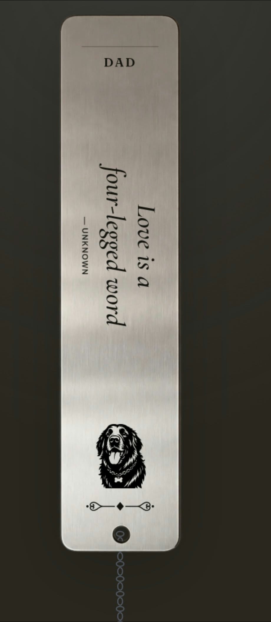 Engraved stainless steel bookmark with name, pet quote and dog portrait